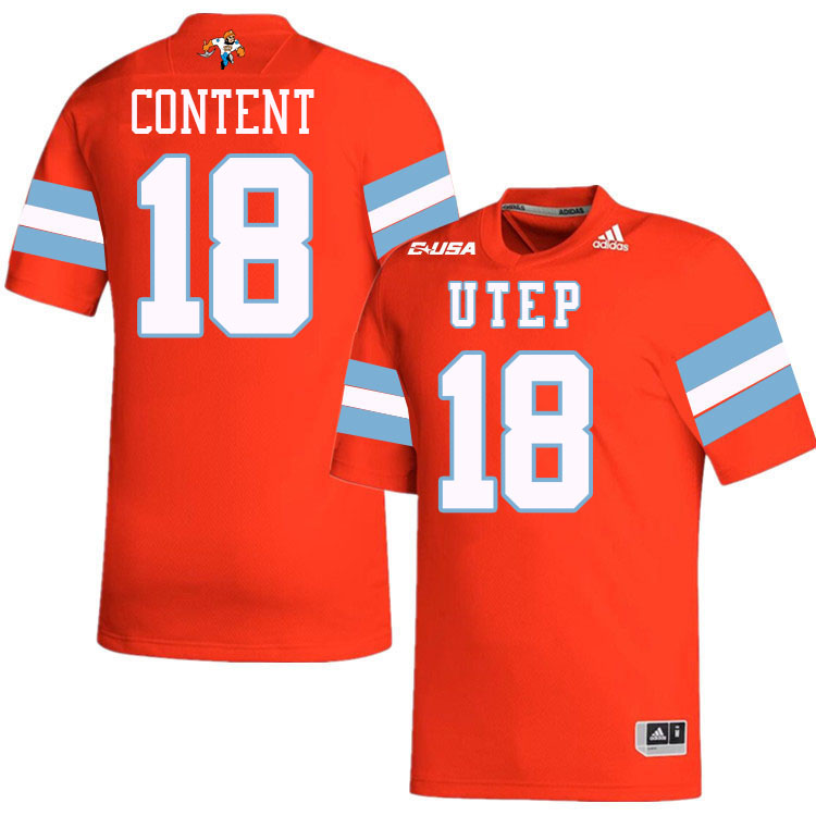 #18 Justin Content UTEP Jersey,UTEP Miners College Football Jersey,Uniforms-Throwback